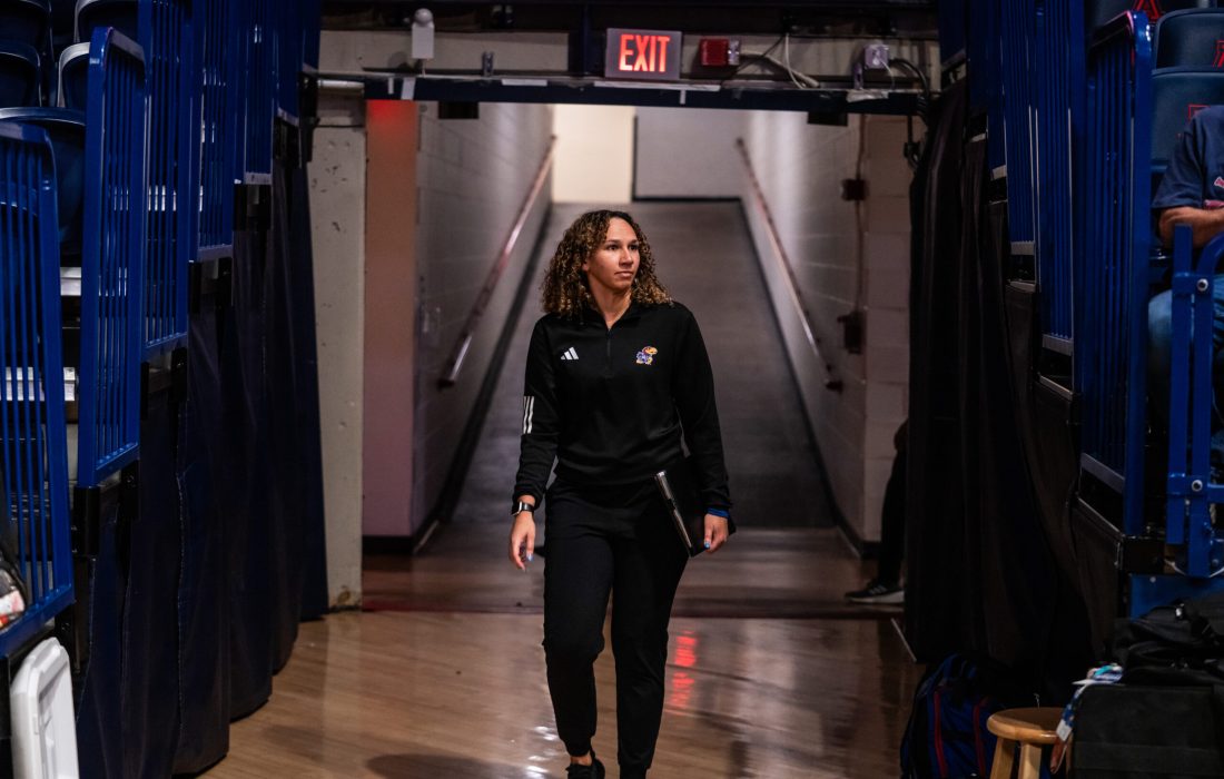 Morgan Paige walking out during a Kansas game. (Courtesy of University of Kansas Athletics)