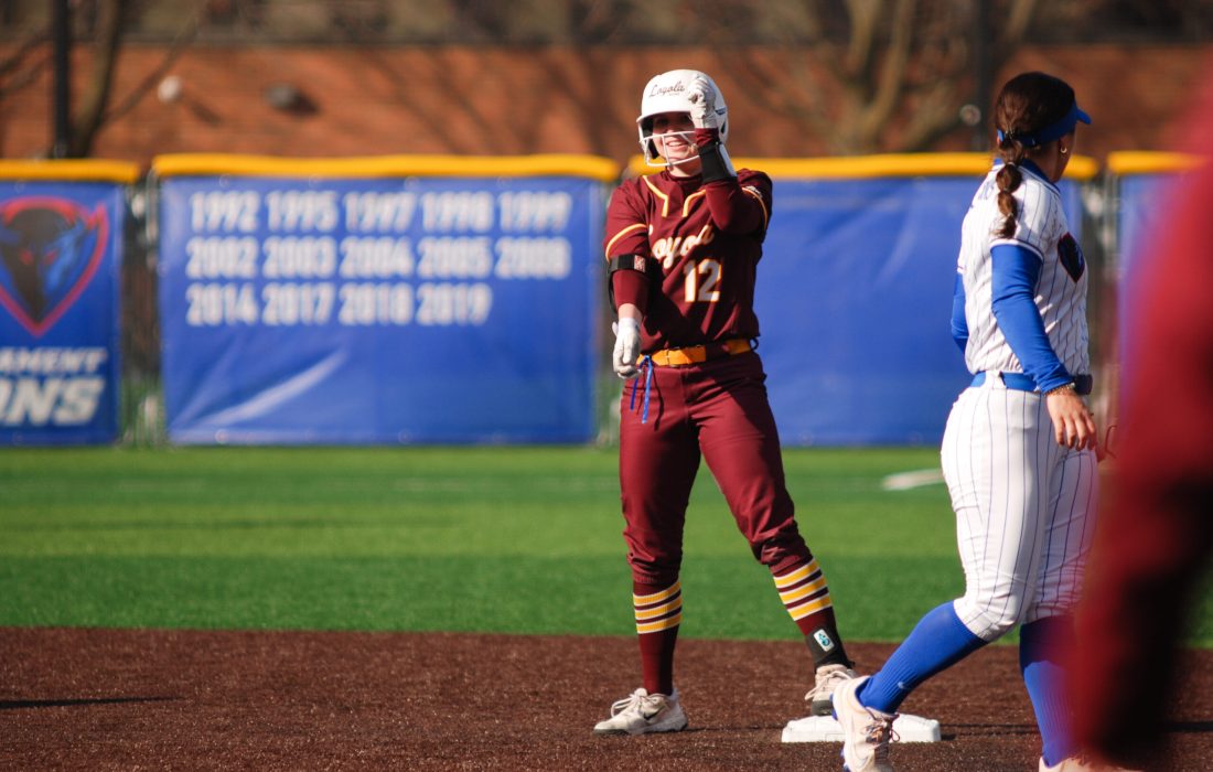 Lesnicki, after reaching base against DePaul last season. (Amara Bullard | The Phoenix)