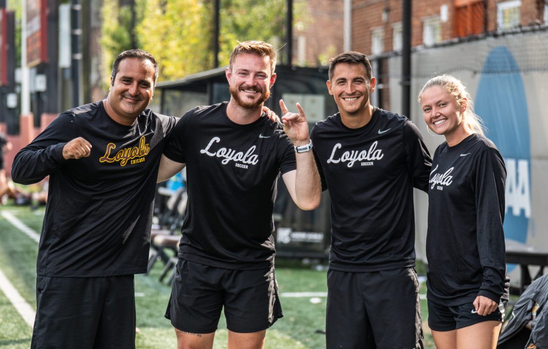 Palacios (left), Moody, Sandoval and Stampfly pose during practice, staring their first season at Loyola together. (Courtesy of Loyola Athletics)