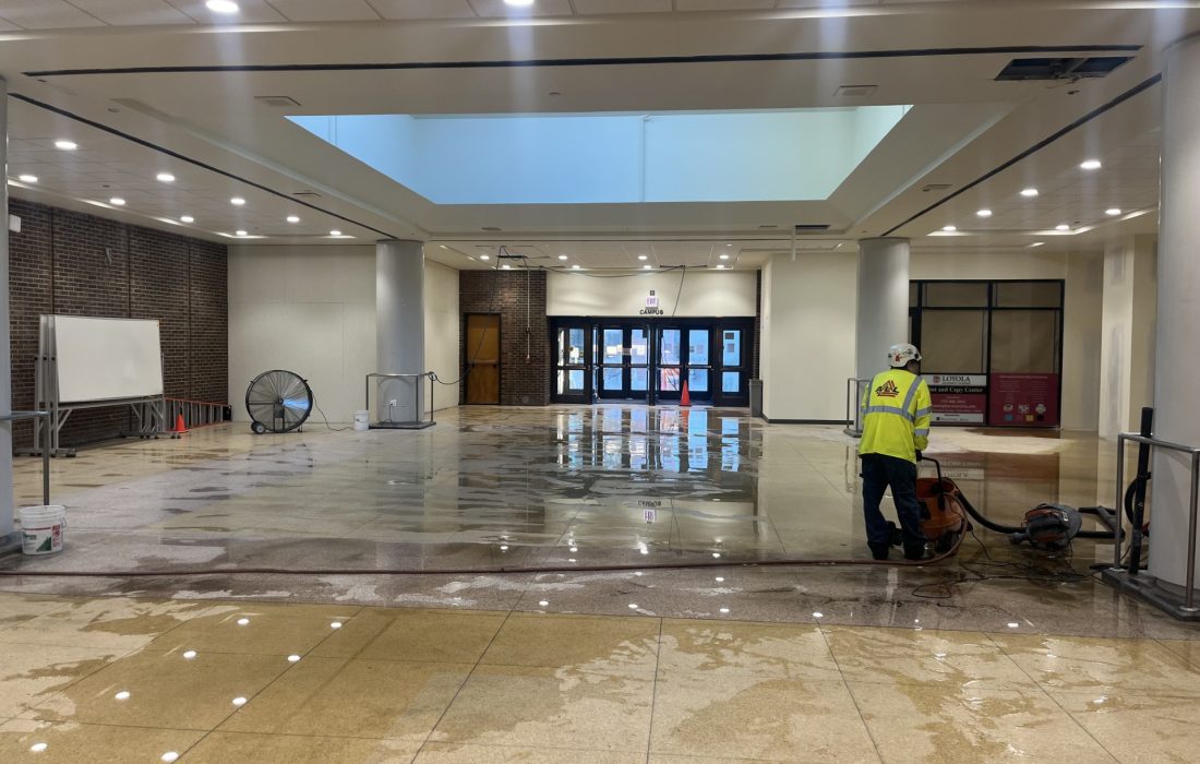 The flooding impacted the first floor of the building, formerly the entrance to Centennial Forum. (Jackson Steffens/The Phoenix.)