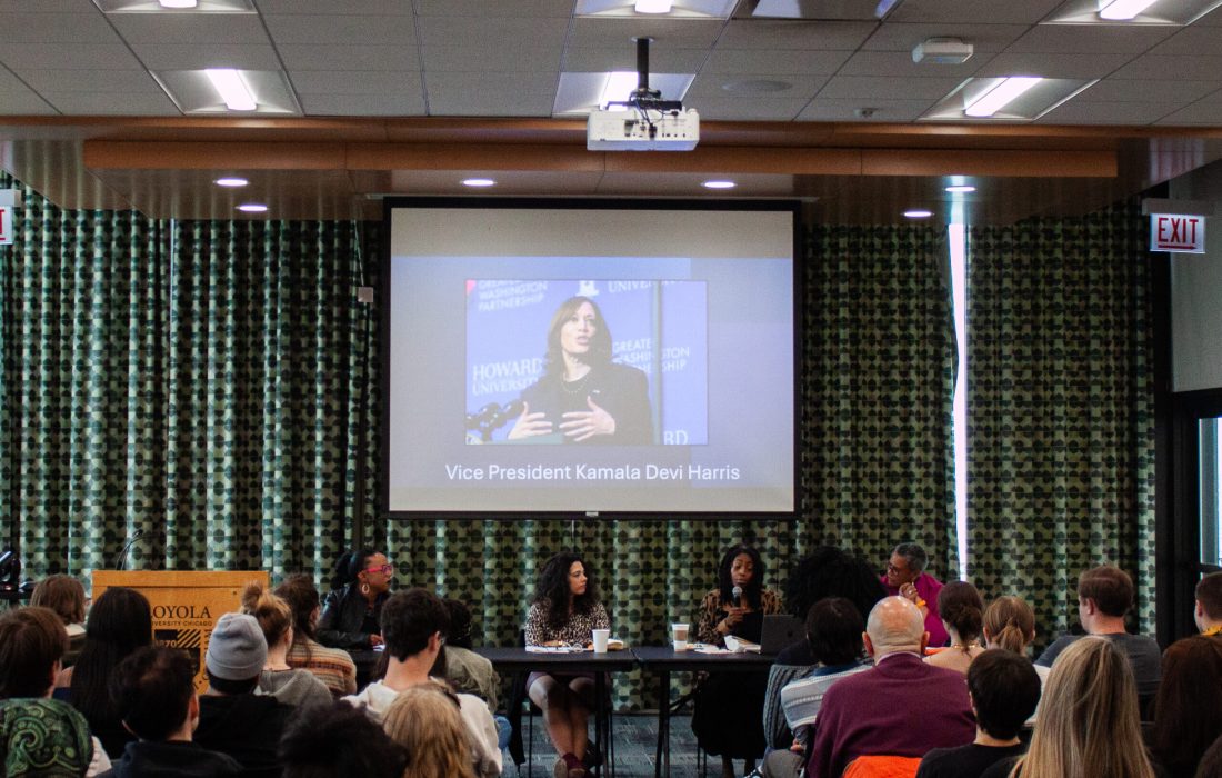 Students gathered for a panel discussing the impact of Kamala Harris, who could potentially be the first Black woman president in U.S. history. (Griffin Krueger/The Phoenix)