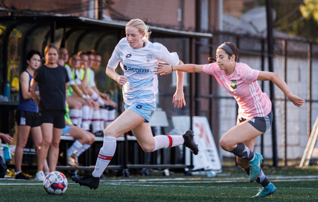 Molly Pistorius runs with the ball while playing with Edgewater Castle FC. (Nicholas Balabanoff)