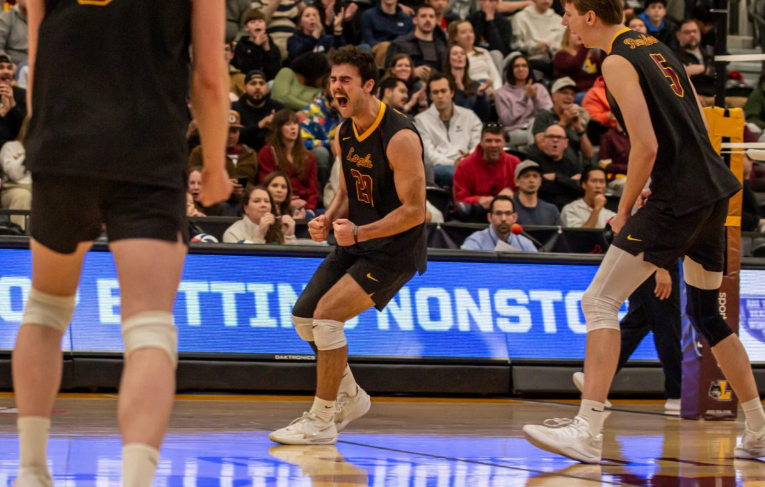 Schellinger celebrates a kill for the Ramblers. (Megan Dunn | The Phoenix)
