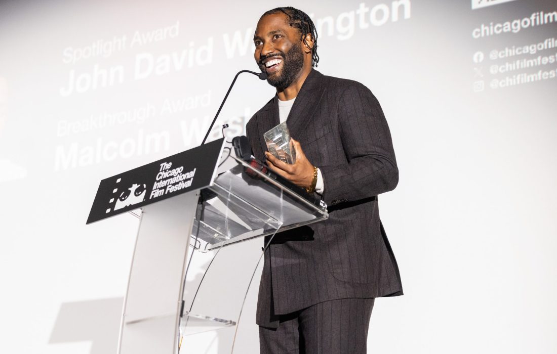 John David Washington accepting The Chicago International Film Festival Spotlight Award for "The Piano Lesson." (Courtesy of Barry Brecheisen)