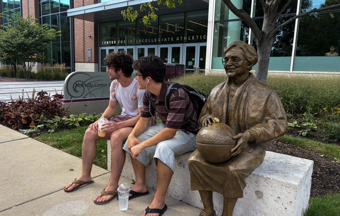 Students can sit beside the statue and reflect on Sister Jean's contributions to the Loyola community. (Kate Wittung / The Phoenix)