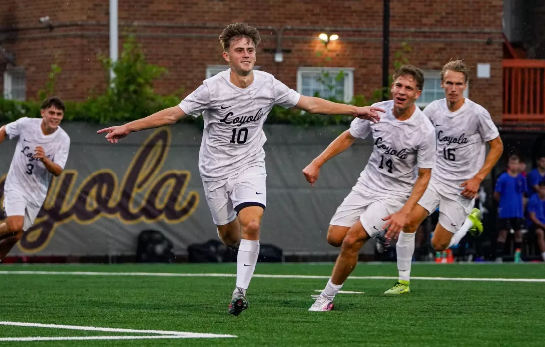 Third-year midfielder Luka Ivancic celebrates after a penalty kick goal (Courtesy of Loyola Athletics)