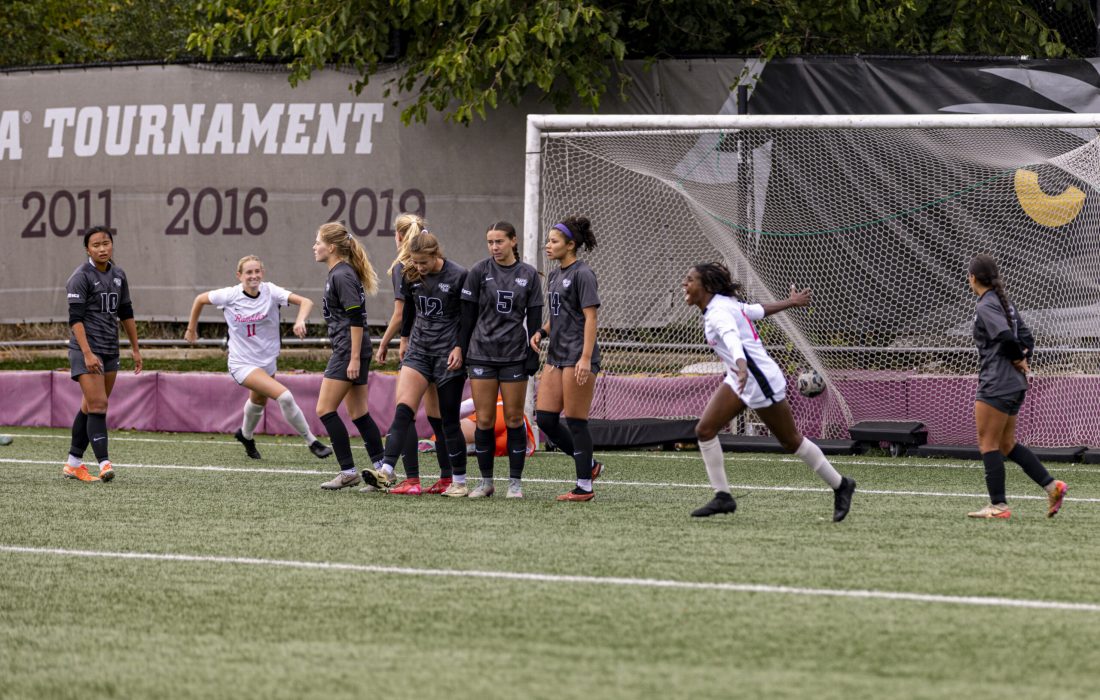 Harris celebrated after scoring the fourth goal of the match. (Niko Zvodinsky | The Phoenix)