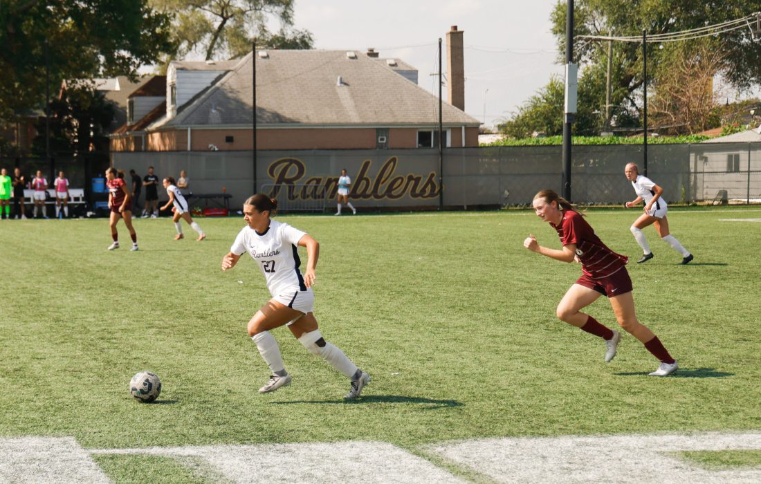 Second-year midfielder Lydia Case dribbles down the pitch, taking one shot on goal during the match. (Norman Tiedemann | The Phoenix)