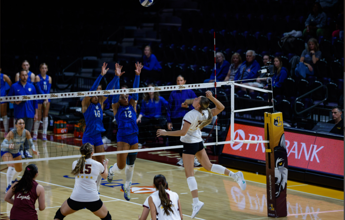 Third-year outside hitter Kate Maley in the middle of action. (Norman Tiedemann | The Phoenix)