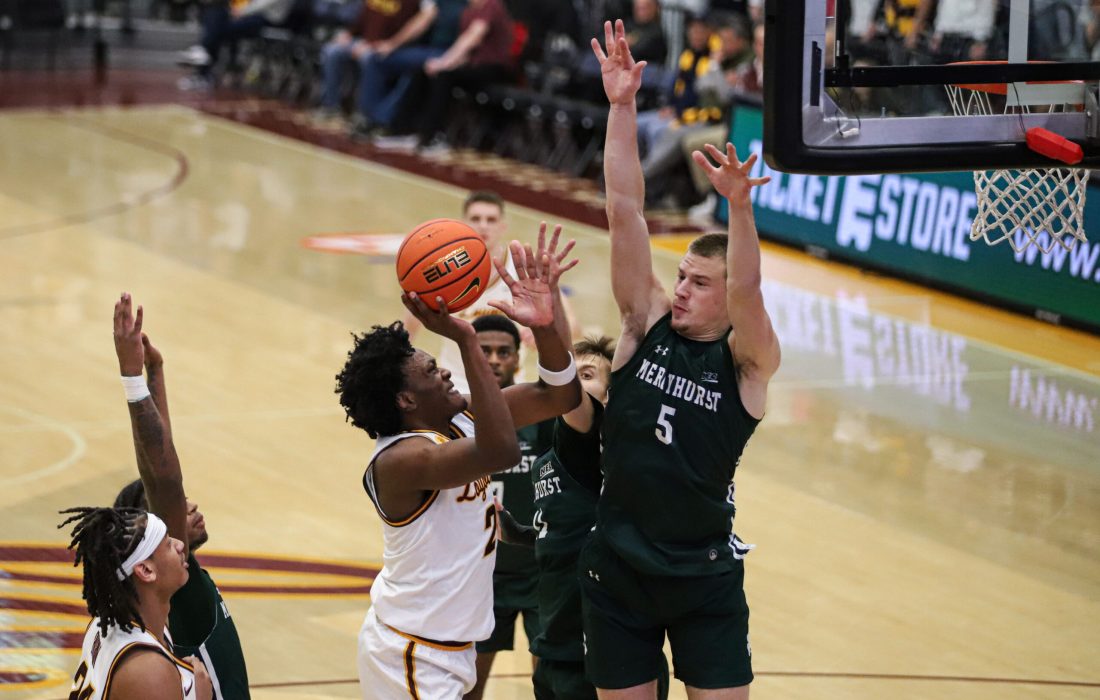 Ola-Joseph's attempt gets blocked by Mercyhurst. (Tiziana Mongu | The Phoenix)