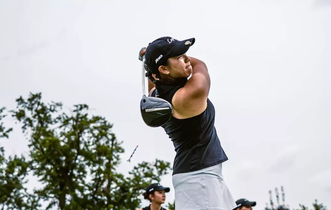 Third-year Grace Hui tees off a drive. (Courtesy of Loyola Athletics)