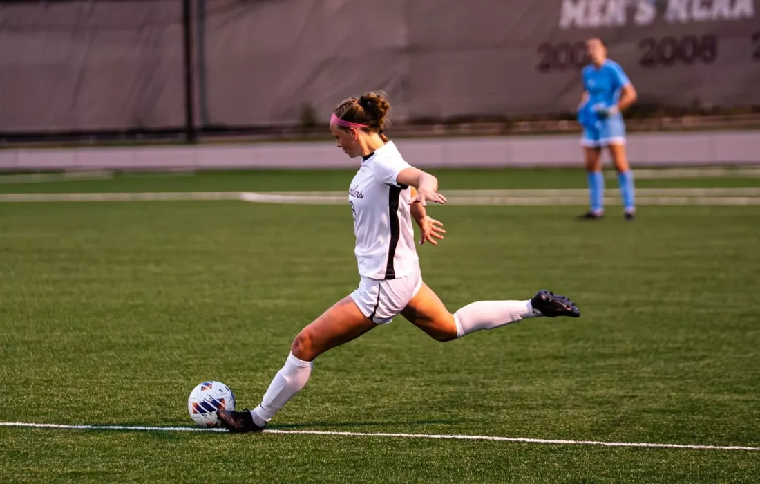 Third-year defender Catherine Cline takes a shot. (Courtesy of Loyola Athletics)