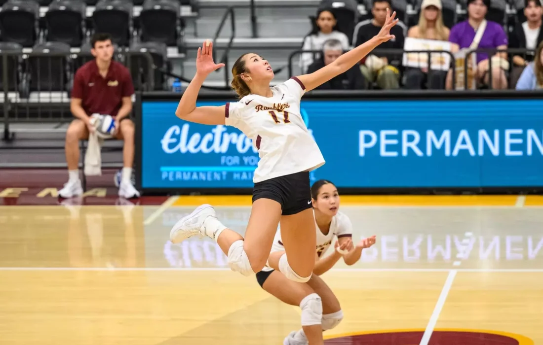 Second-year outside hitter Leyna Nguyen goes for a kill. (Courtesy of Loyola Athletics)