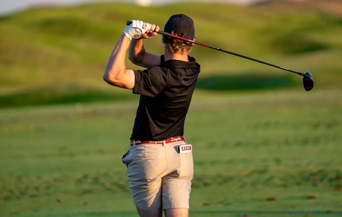 Fourth-year Sebastian Kasun tees off. (Courtesy of Loyola Athletics)