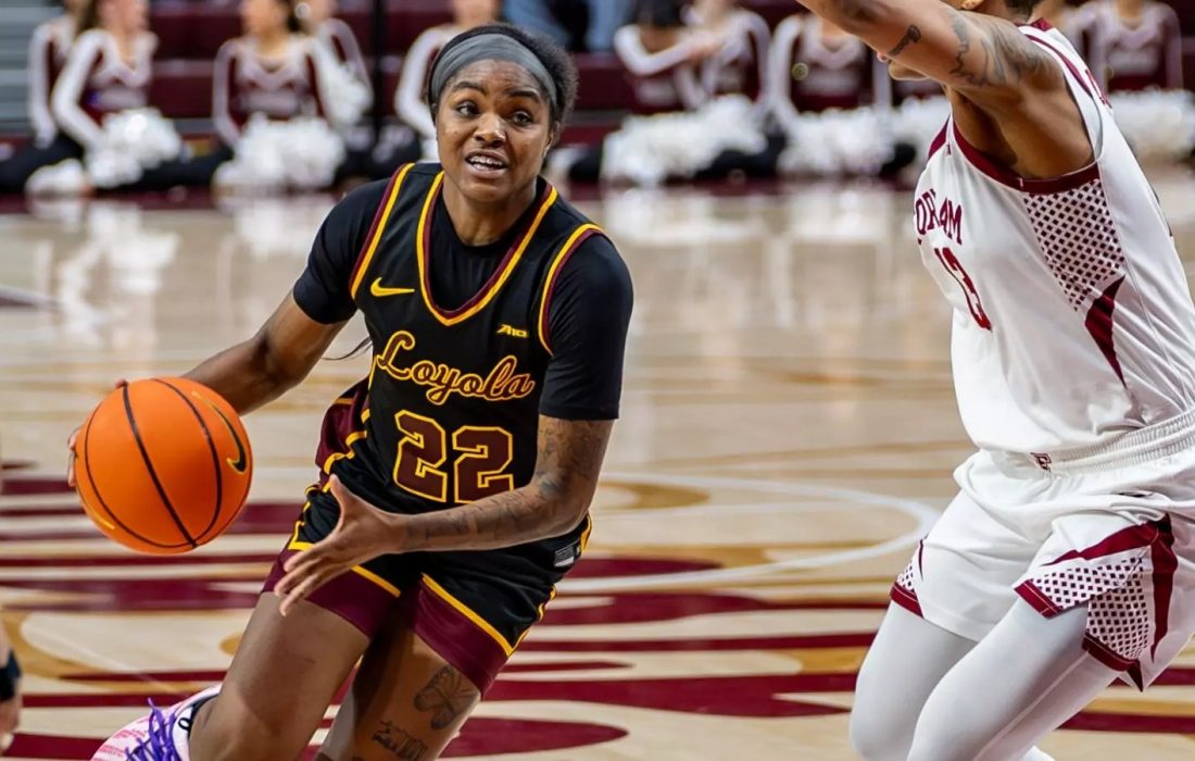 Graduate guard Alexus Mobley drives to the basket versus a Ram defender. (Courtesy of Loyola Athletics)