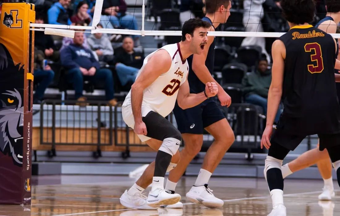 Graduate outside hitter Josh Schellinger celebrates a kill against McKendree. (Courtesy of Loyola Athletics)