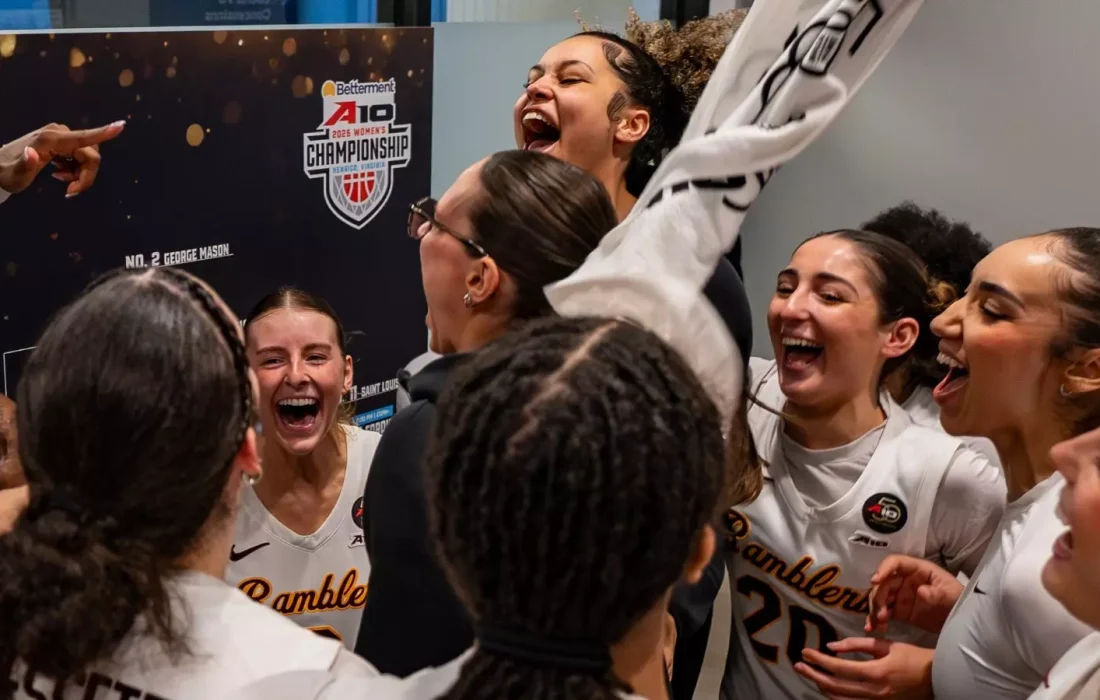 The Ramblers celebrate stamping their ticket to the Atlantic 10 quarterfinals. (Courtesy of Loyola Athletics)