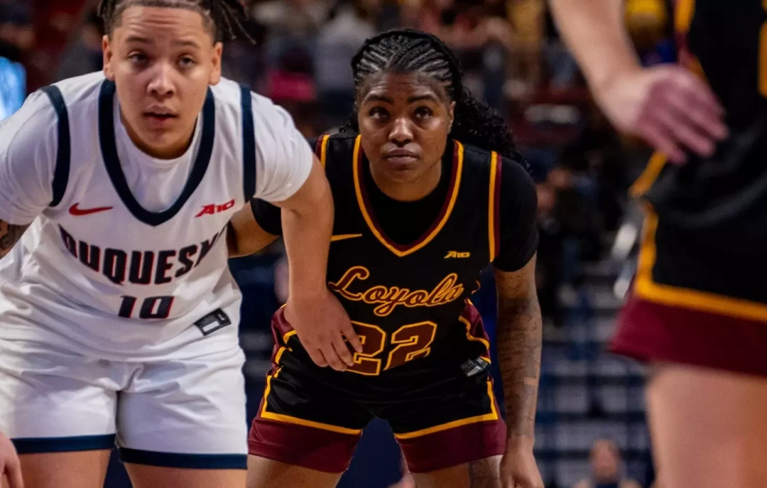Mobley stares down the ball against Duquesne. (Courtesy of Loyola Athletics)